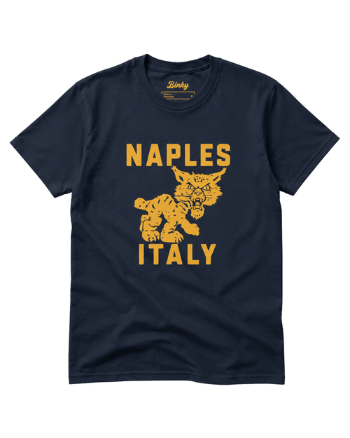 Naples Wildcat T-Shirt | Overseas Varsity Bootleg featuring a bold design of a wildcat and the text 'Naples Italy' in yellow.