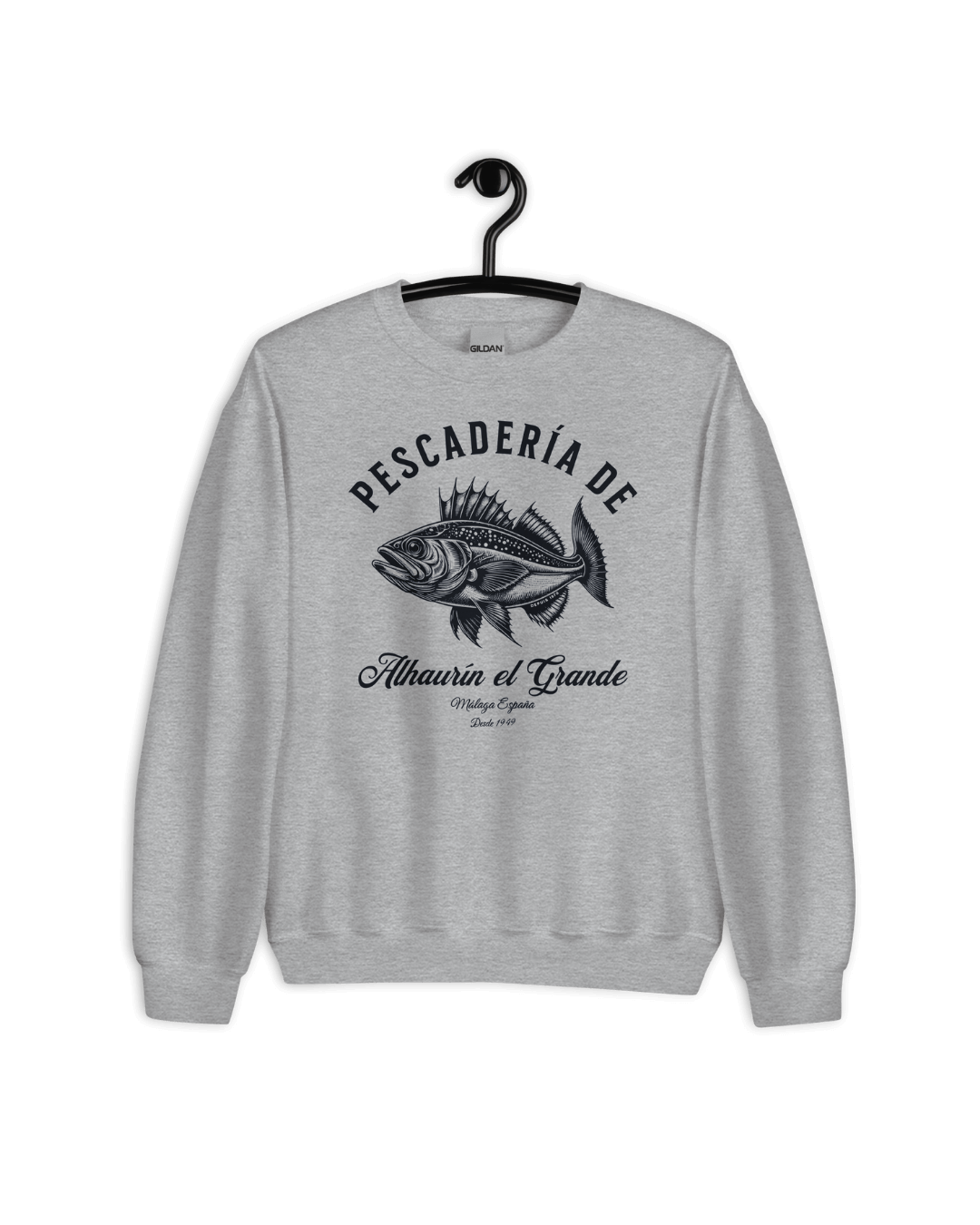 PESCADERIA SWEATER featuring fish design, Alhaurín el Grande, Málaga, Spain, Binky Comfywear collection.