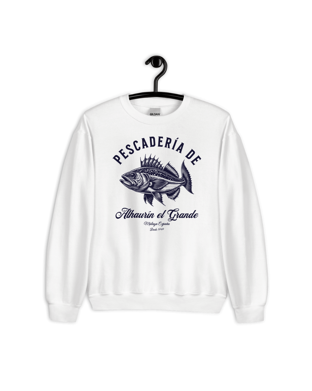 PESCADERIA SWEATER featuring a fish graphic, inspired by Alhaurín el Grande, Málaga, from Binky Comfywear.