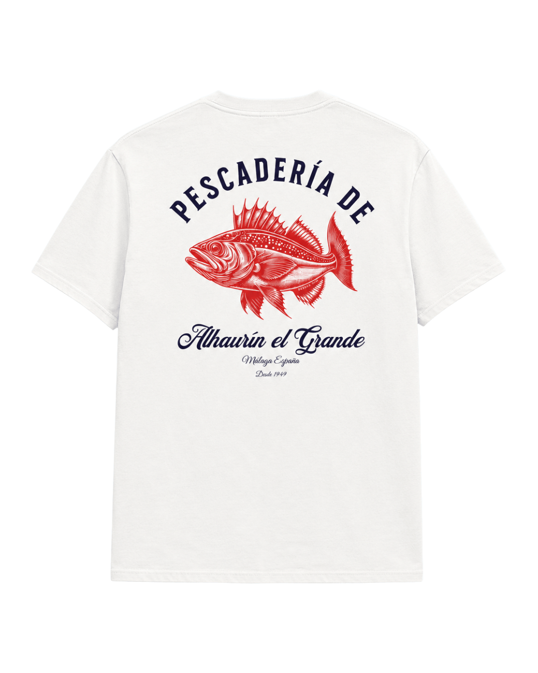 Pescaderia T-Shirt | Alhaurín El Grande featuring a vibrant fish design and bold text on a classic white tee.