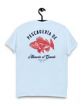 PESCADERIA T-SHIRT | ALHAURÍN EL GRANDE design featuring a fish illustration on a light blue background.