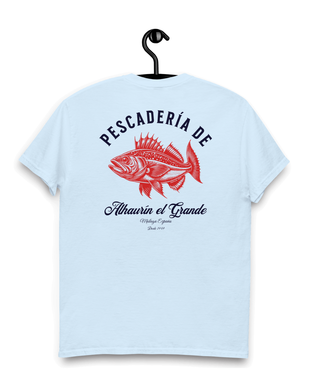 PESCADERIA T-SHIRT | ALHAURÍN EL GRANDE design featuring a fish illustration on a light blue background.