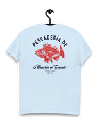PESCADERIA T-SHIRT featuring a fish design and the text Alhaurín el Grande on a light blue background.