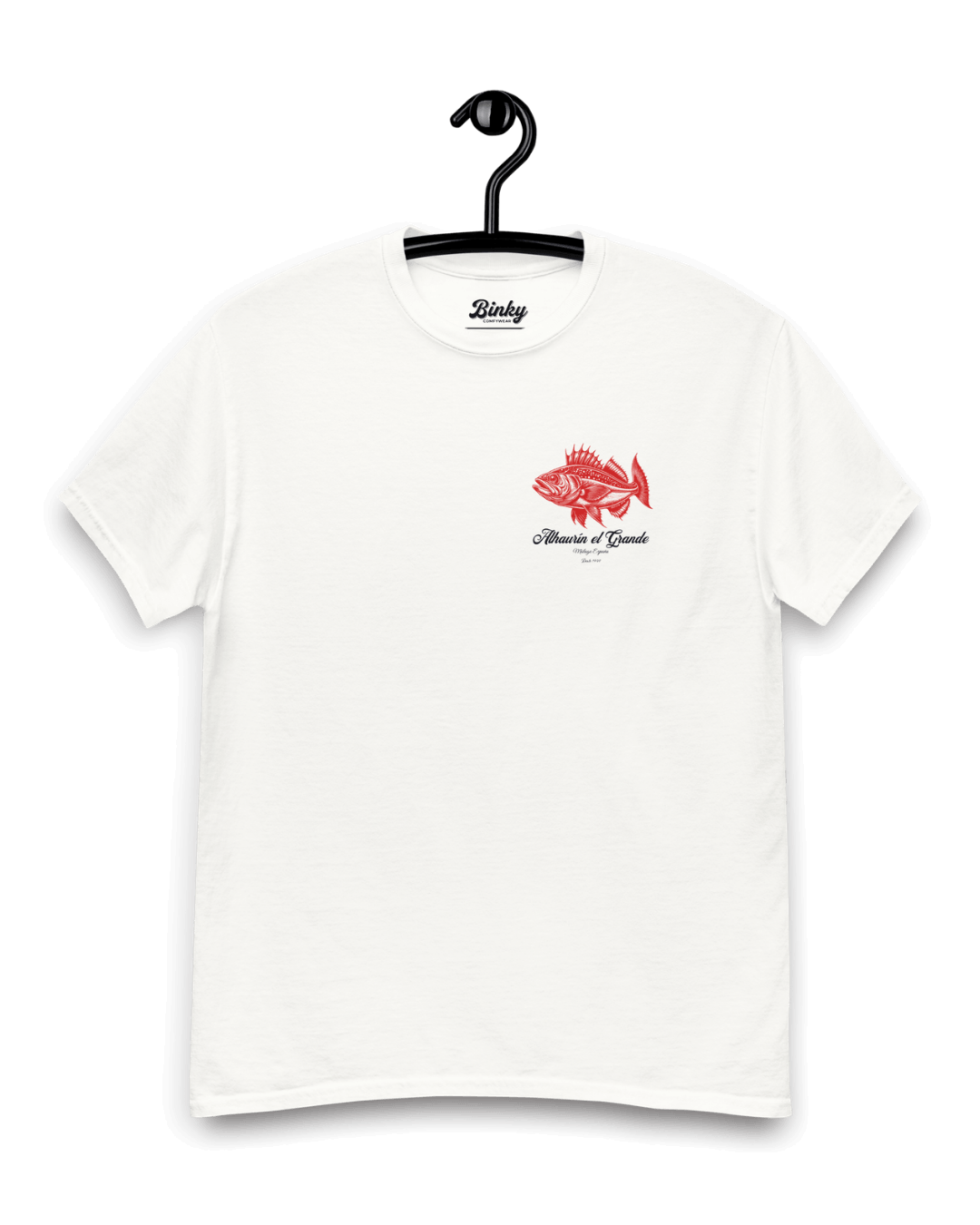 PESCADERIA T-SHIRT | ALHAURÍN EL GRANDE displayed on a hanger, featuring a red fish design.