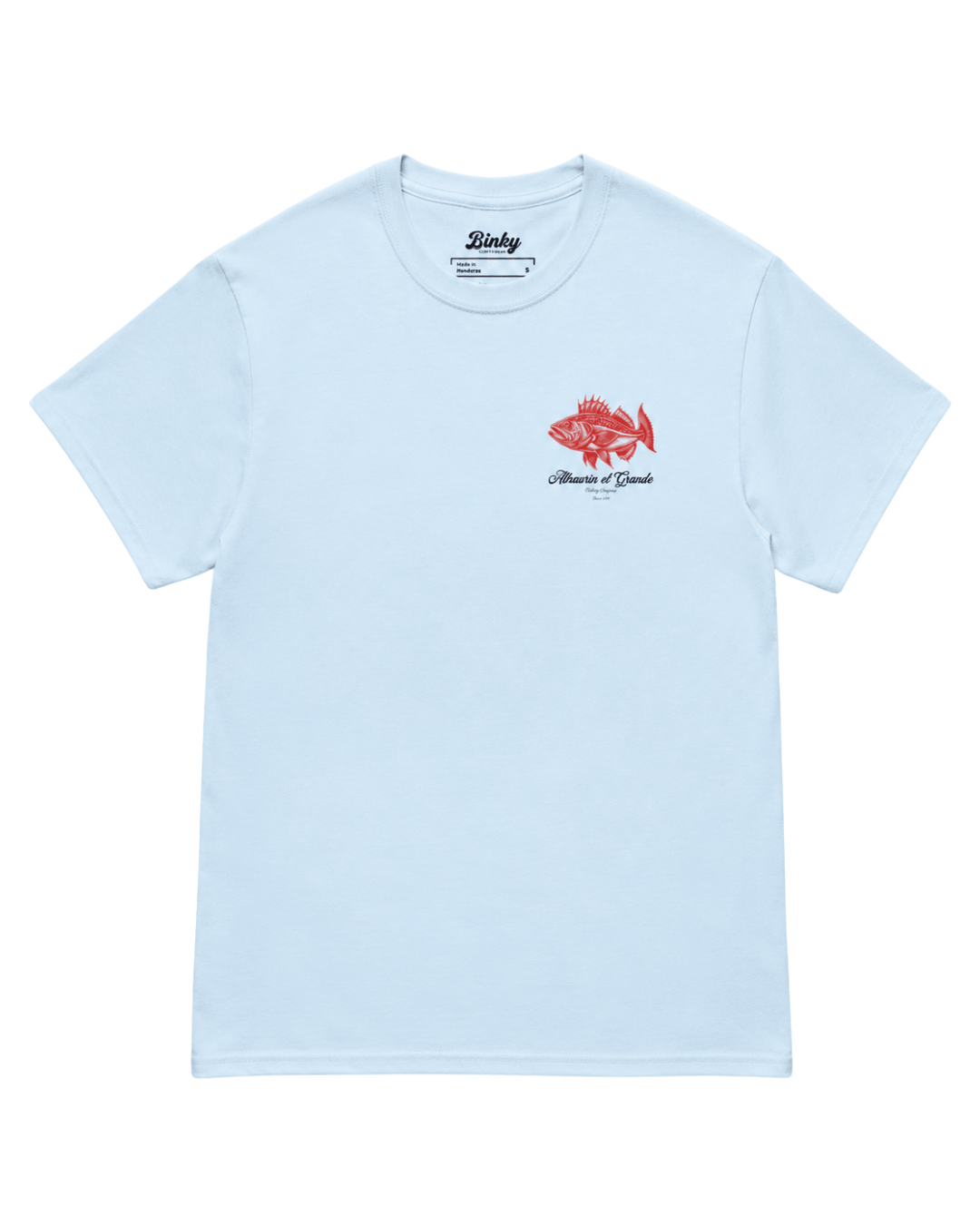 Pescaderia T-Shirt | Alhaurín El Grande, light blue T-shirt featuring a vibrant fish design.