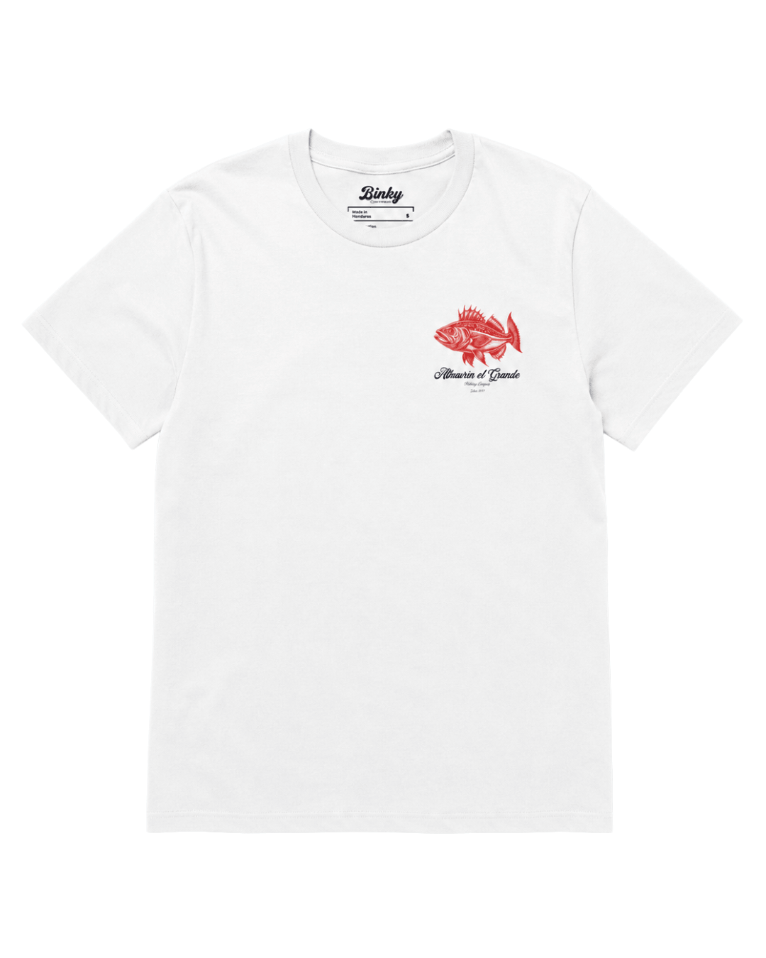 Pescaderia T-Shirt | Alhaurín El Grande featuring a vibrant fish print on a white shirt.