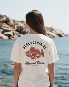 Back view of PESCADERIA T-SHIRT showcasing fish design, celebrating Alhaurín el Grande, made of soft cotton.