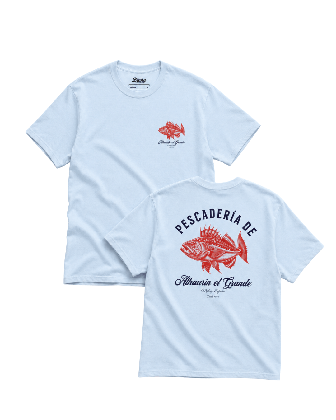 Pescaderia T-Shirt | Alhaurín El Grande, featuring a fish design on a light blue t-shirt.