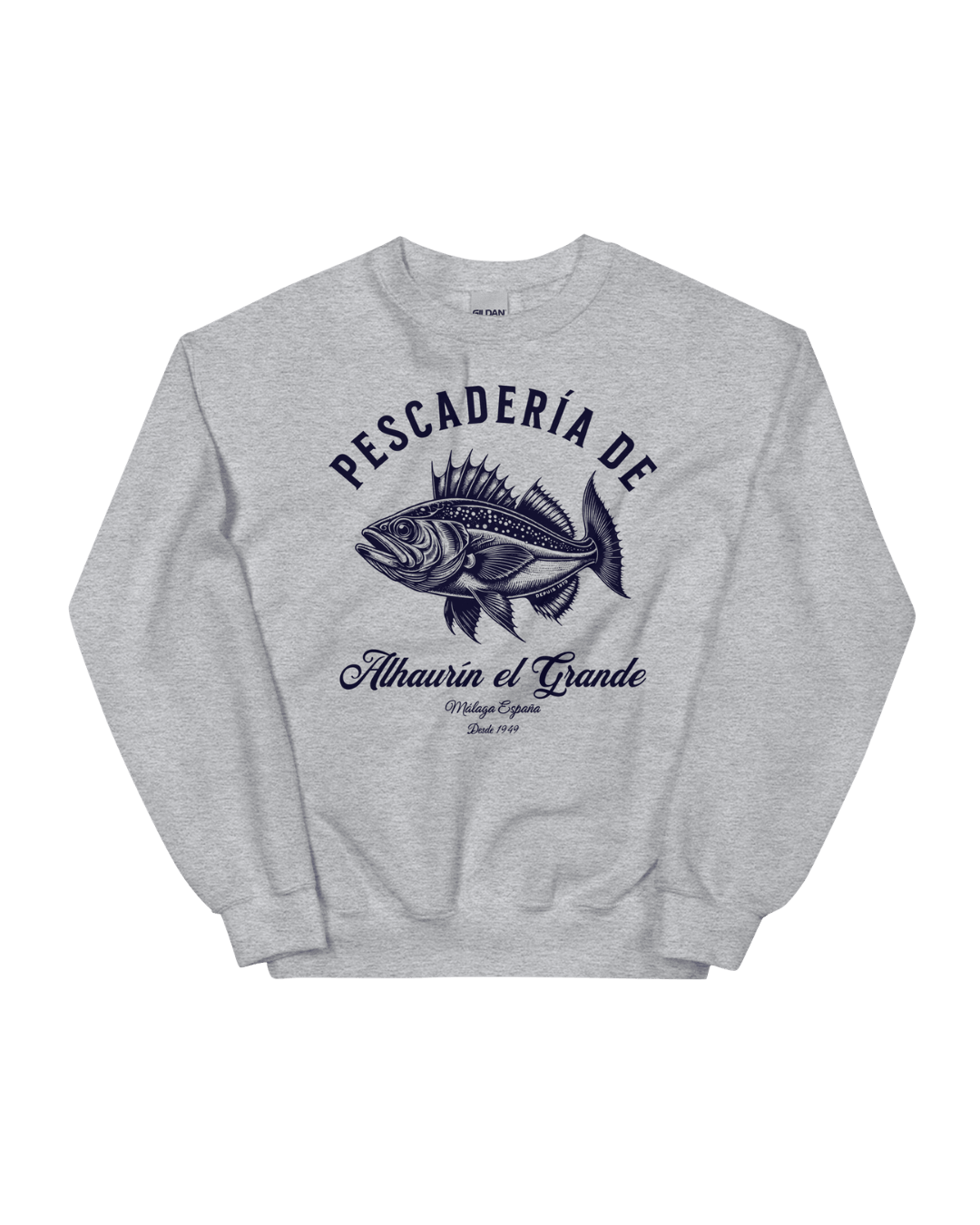 Pescaderia Sweater | Alhaurín El Grande featuring a fish design on a gray background.