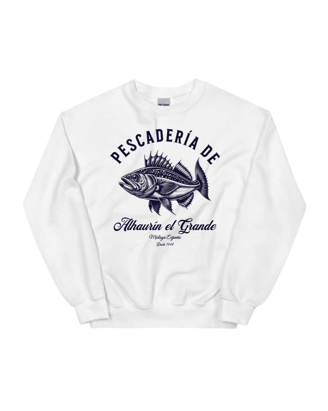 Pescaderia Sweater | Alhaurín El Grande featuring a fish design on a white sweatshirt.