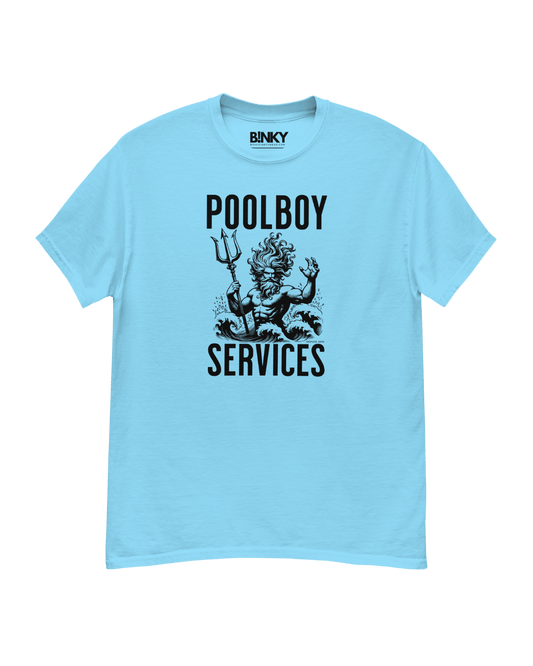 POOLBOY SERVICES T-Shirt in light blue featuring a playful design, perfect for summer vibes and poolside fashion.