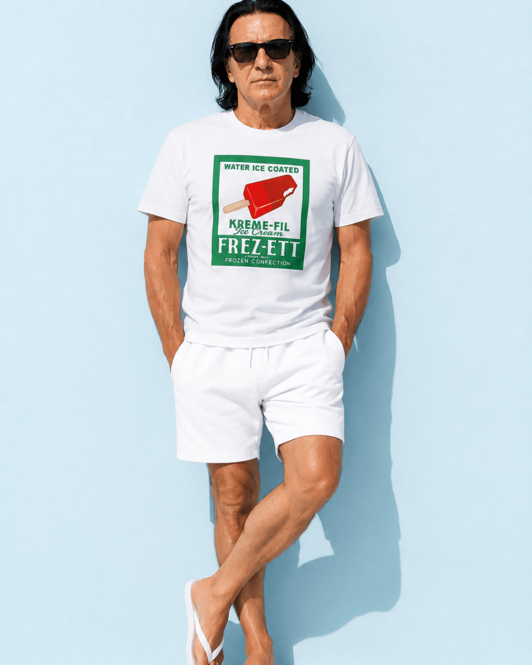 Popsicle T-Shirt | Vintage Americana Pop-art featuring a man wearing the t-shirt against a blue background.