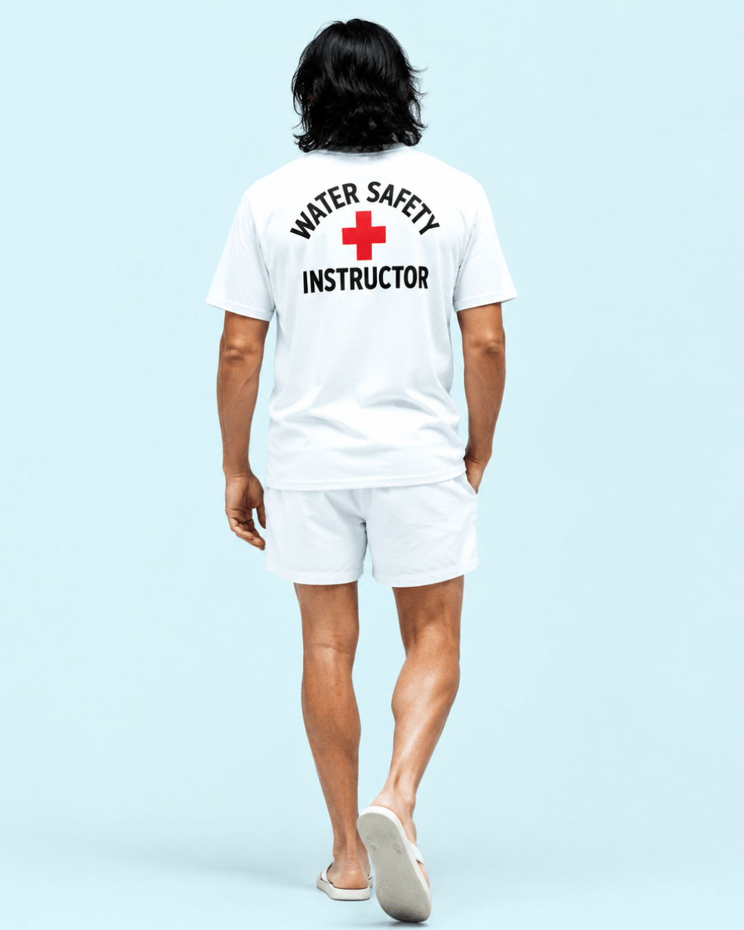 Public Pool T-Shirt | Vintage Instructor Bootleg, man wearing white tee with 'Water Safety Instructor' text.