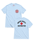 Public Pool T-Shirt | Vintage Instructor Bootleg, blue t-shirt with Water Safety Instructor graphics.