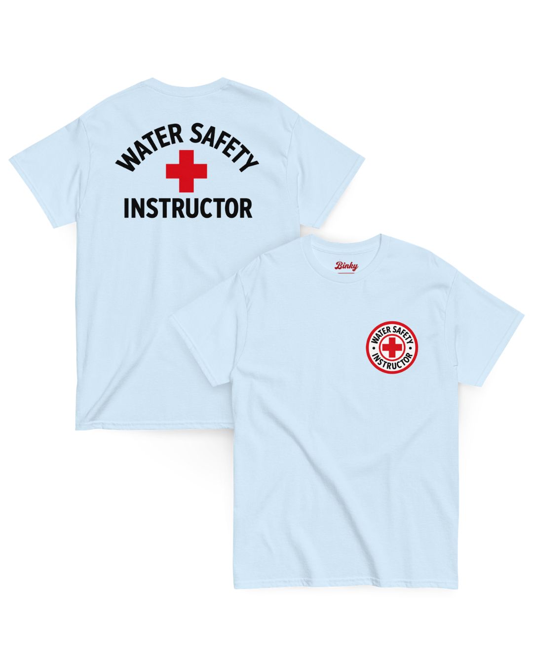 Public Pool T-Shirt in Light Blue showing front and back Water Safety Instructor graphics
