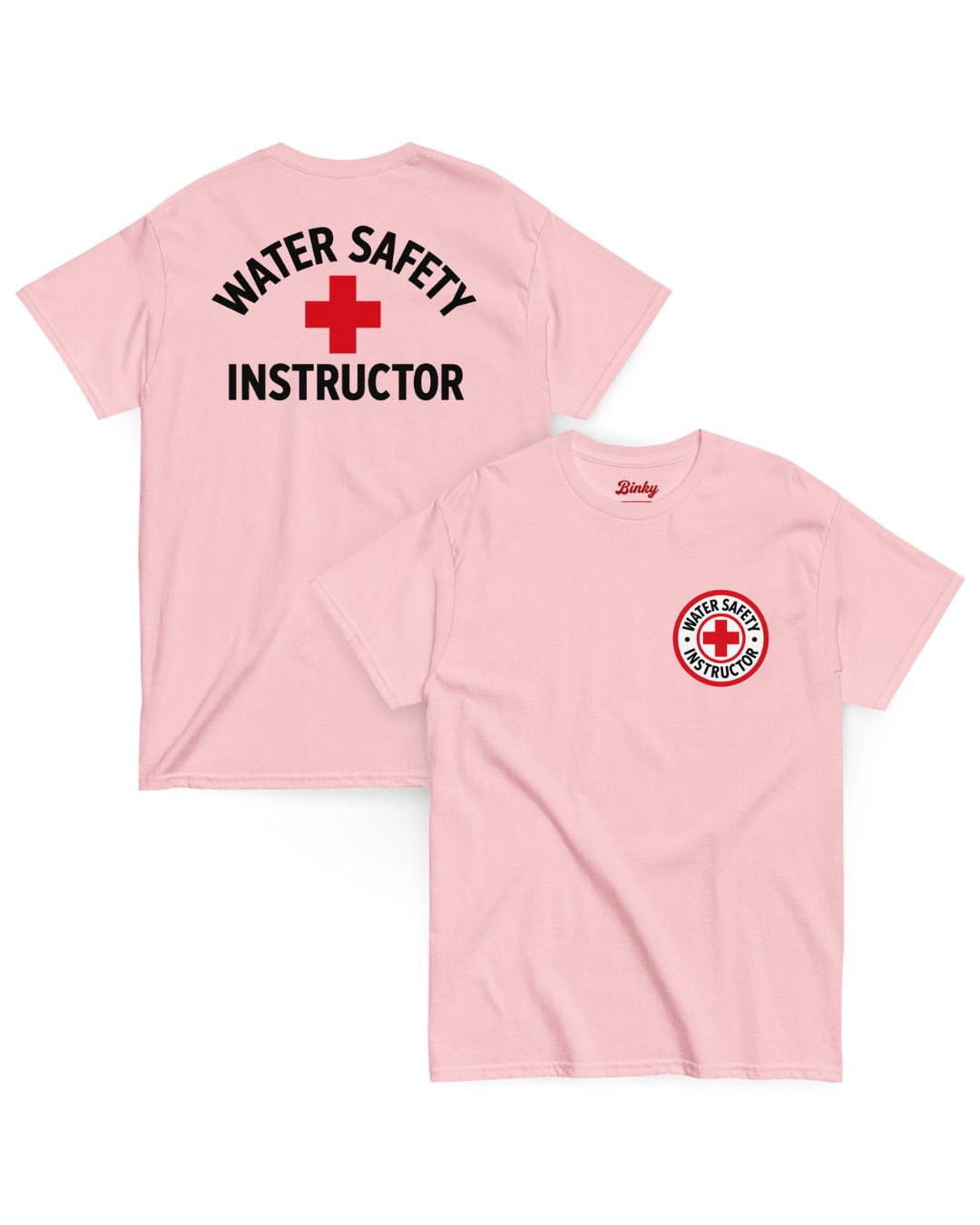 Public Pool T-Shirt in Light Pink showing front and back Water Safety Instructor graphics