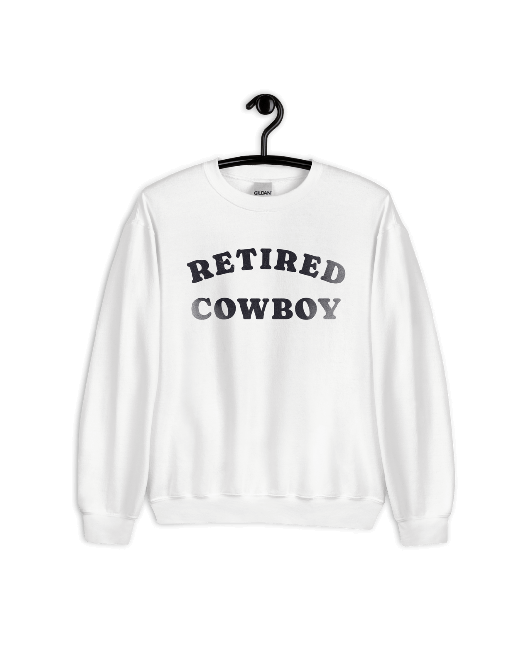 RETIRED COWBOY SWEATER displayed on a hanger, showcasing its cozy and comfortable design.
