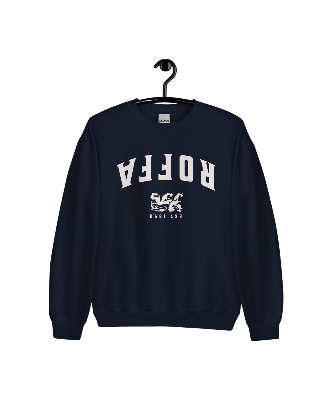 ROFFA EST 1340 SWEATER on a hanger, showcasing Rotterdam pride with bold upside-down design and iconic lion emblem.