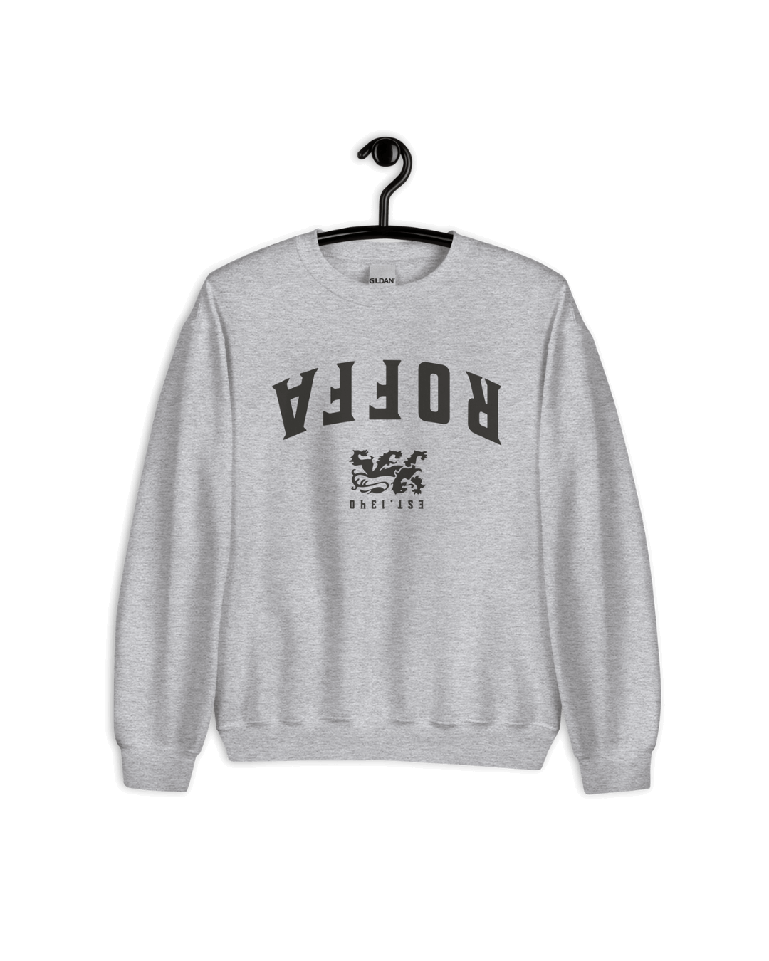 ROFFA EST 1340 SWEATER displayed on a hanger, featuring upside-down design and the Rotterdam lion emblem.