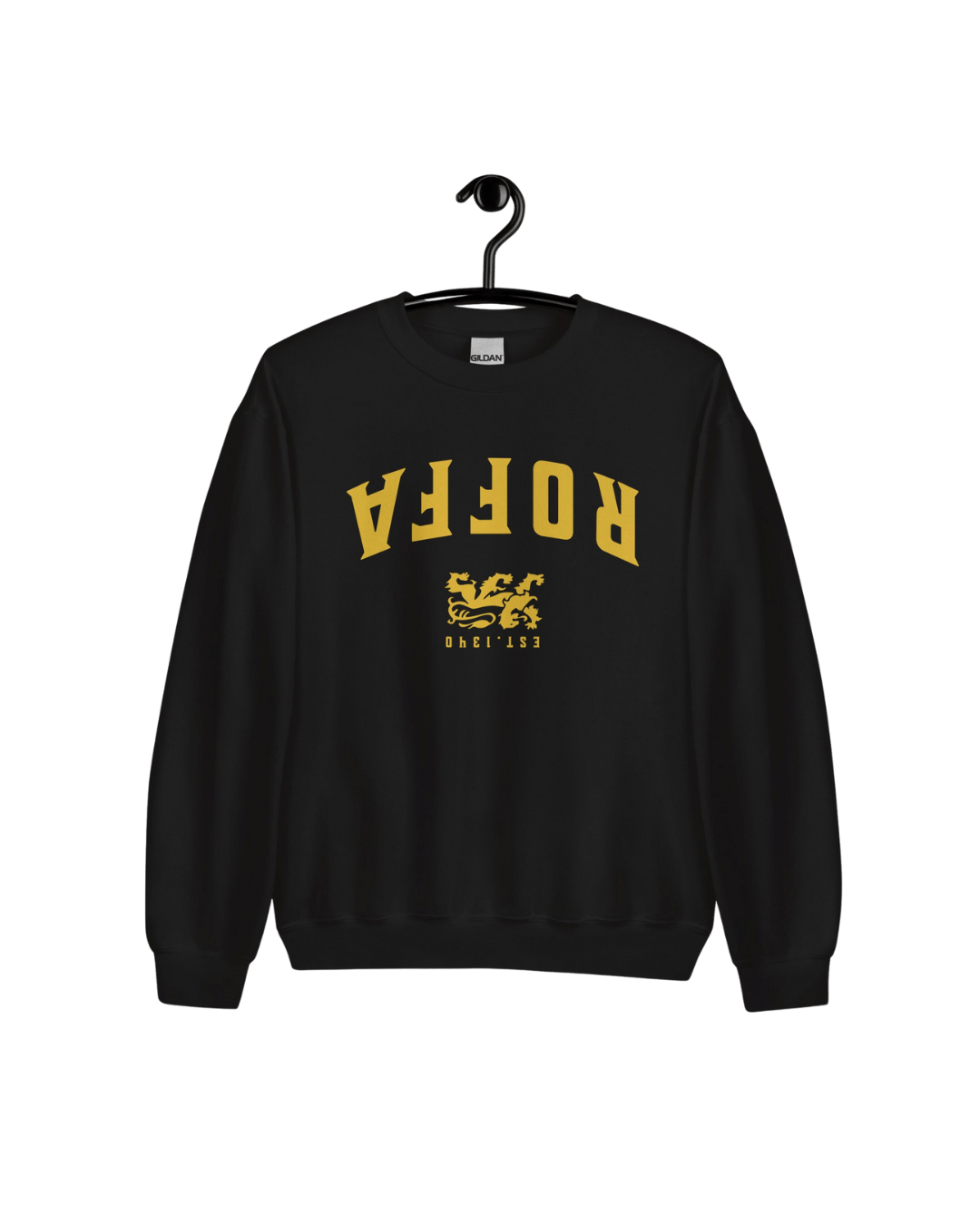 ROFFA EST 1340 SWEATER featuring upside-down ROFFA design and Rotterdam lion on a black background.
