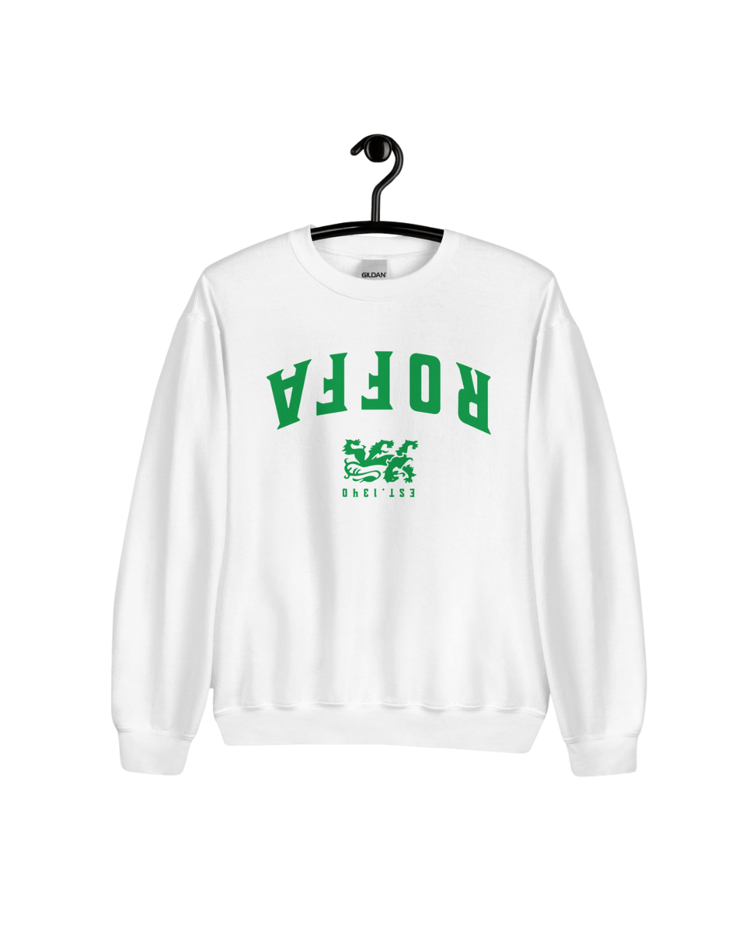 ROFFA EST 1340 SWEATER in white with green upside-down design, celebrating Rotterdam's history and strength.