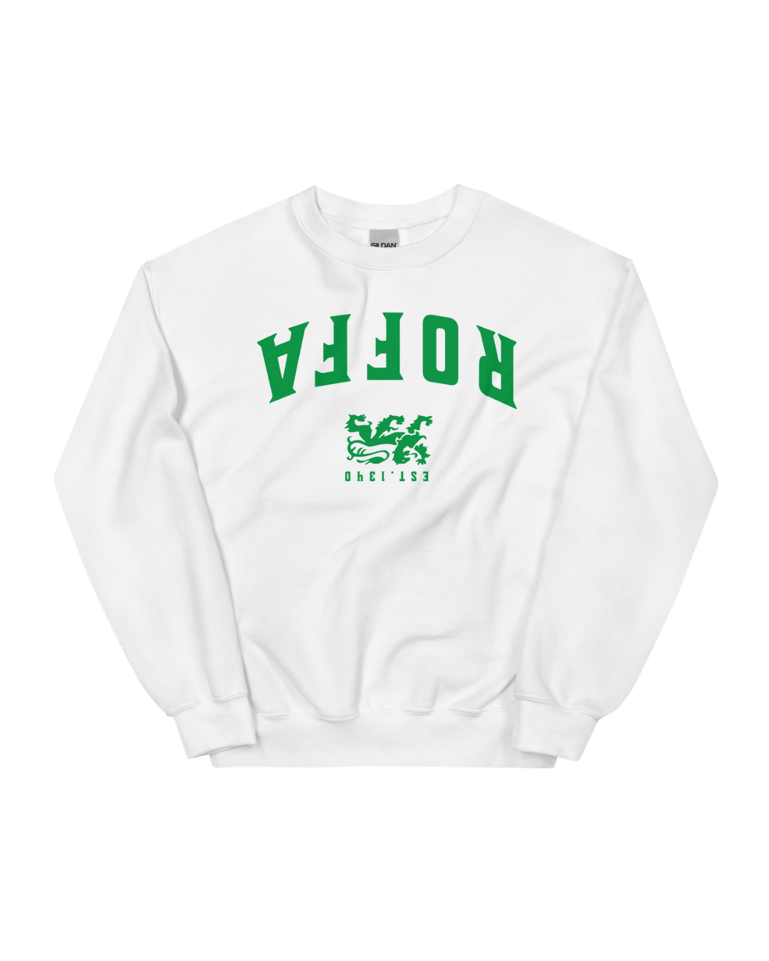 Rotterdam Sweater | Roffa 1340 Edition from Binky Comfywear, featuring green lettering on a white background.