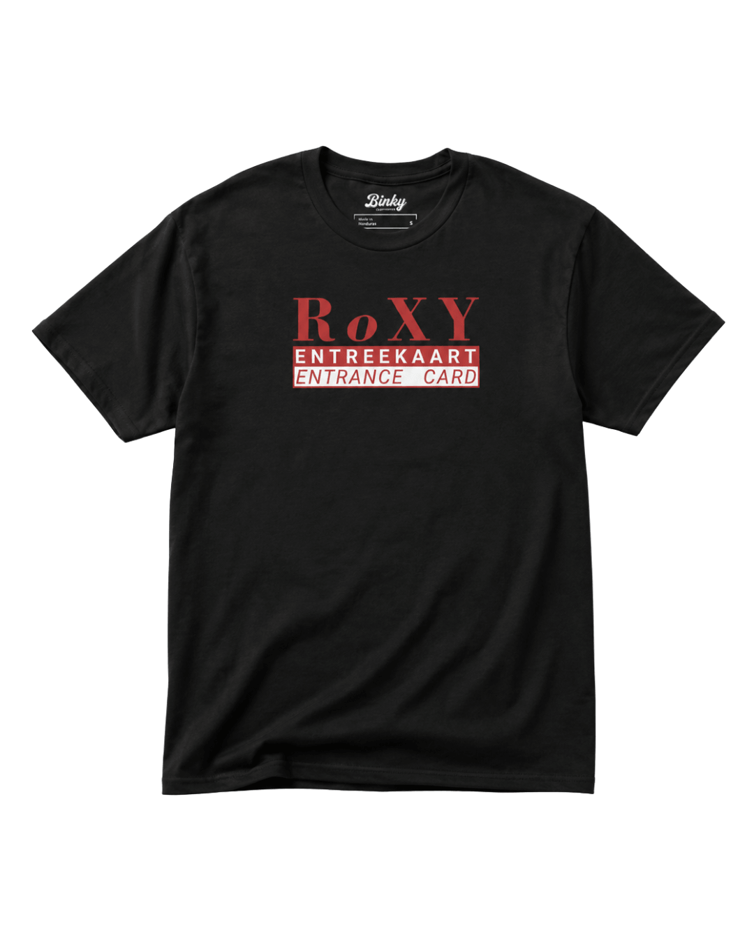 Roxy Nightclub T-Shirt | Amsterdam House Legend featuring black fabric with red entrance card design.