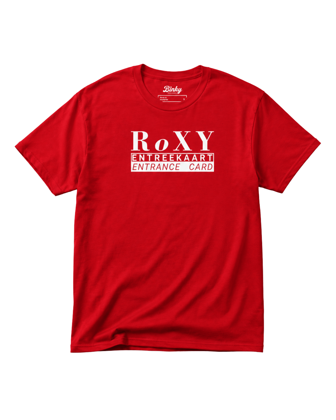 Roxy Nightclub T-Shirt | Amsterdam House Legend, red t-shirt with Roxy entrance card design.