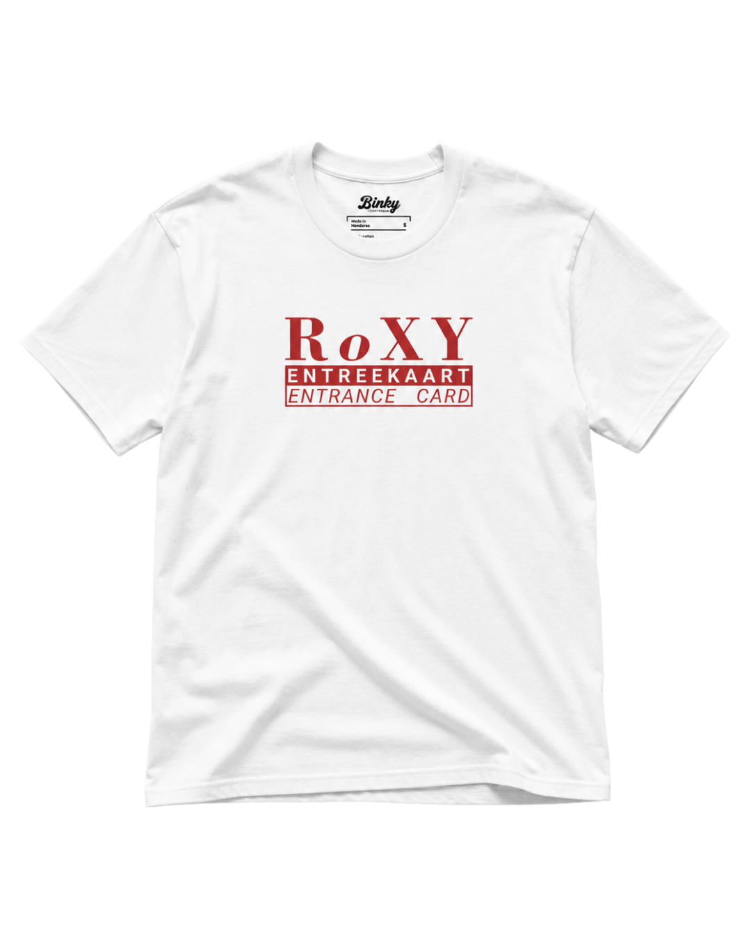 Roxy Nightclub T-Shirt in White with red Amsterdam club entrance-card graphic