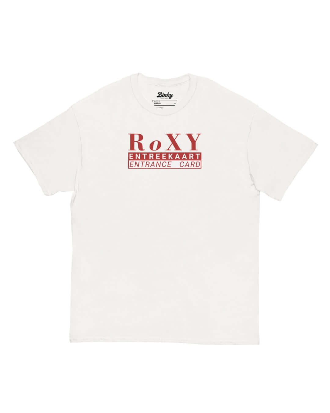 Roxy Nightclub T-Shirt in White with red Amsterdam club entrance-card graphic