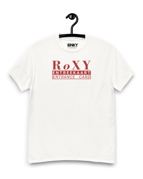 RoXY NIGHTCLUB T-SHIRT on display, representing Amsterdam's iconic 90's nightlife with premium cotton and unisex fit.