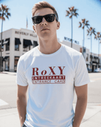 RoXY NIGHTCLUB T-SHIRT worn by a man in sunglasses outside in Beverly Hills, evoking 90's nightlife and Amsterdam's club culture.