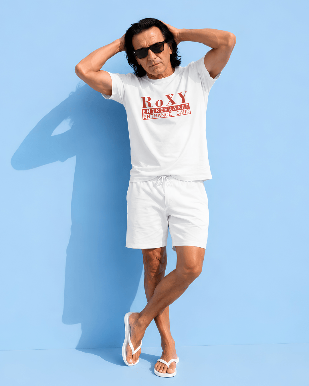 Walter wearing the Roxy Nightclub T-Shirt in White with red Amsterdam club graphic