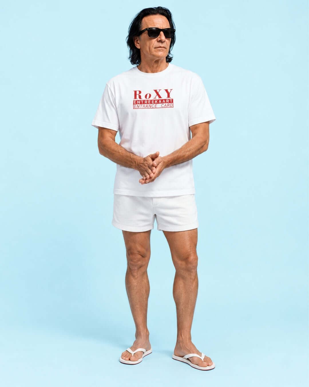 Walter wearing the Roxy Nightclub T-Shirt in White with red Amsterdam club graphic