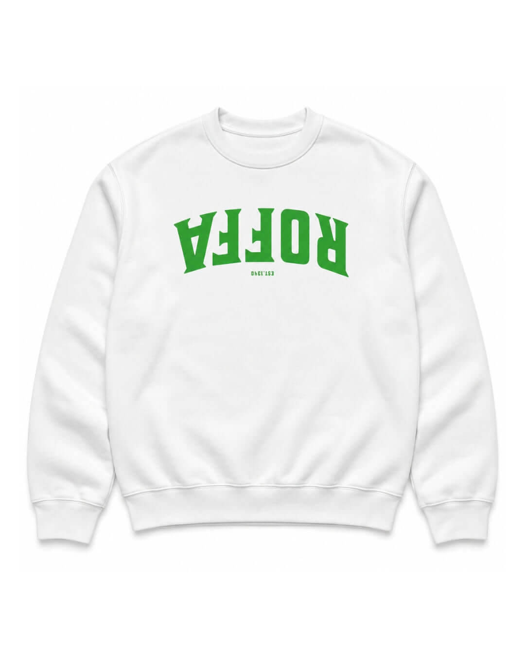 BINKY Roffa 1340 Heavy Sweater in White, front view with green upside-down Roffa Est 1340 graphic.