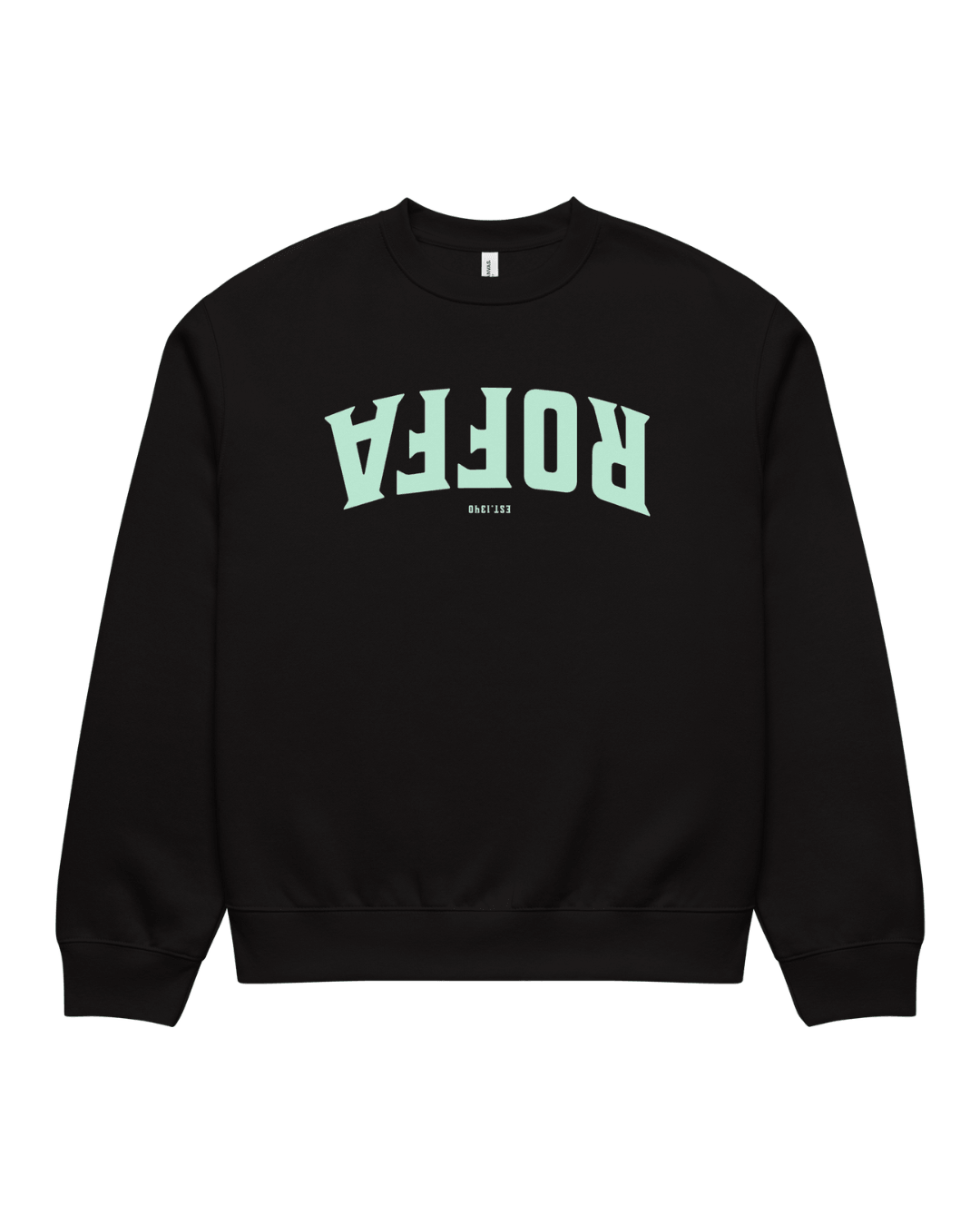 Roffa 1340 Heavy Sweater in Black, front view with oversized heavyweight silhouette and light turquoise ROFFA and EST 1340 graphic rotated 180 degrees.