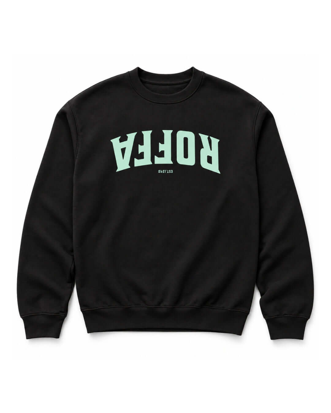BINKY Roffa 1340 Heavy Sweater in Black, front view with light turquoise inverted Rotterdam graphic. 