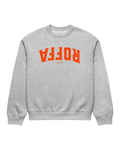Roffa 1340 Heavy Sweater in Athletic Heather, front view showing the oversized fit and bright orange upside-down ROFFA and EST 1340 chest graphic.