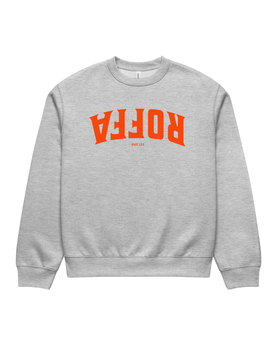 Roffa 1340 Heavy Sweater in Athletic Heather, front view showing the oversized fit and bright orange upside-down ROFFA and EST 1340 chest graphic.