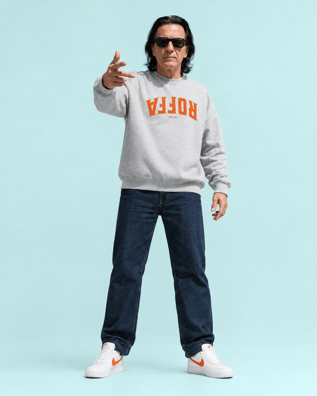 Roffa 1340 Heavy Sweater worn by a man, featuring bold ROFFA print in orange against a gray background.