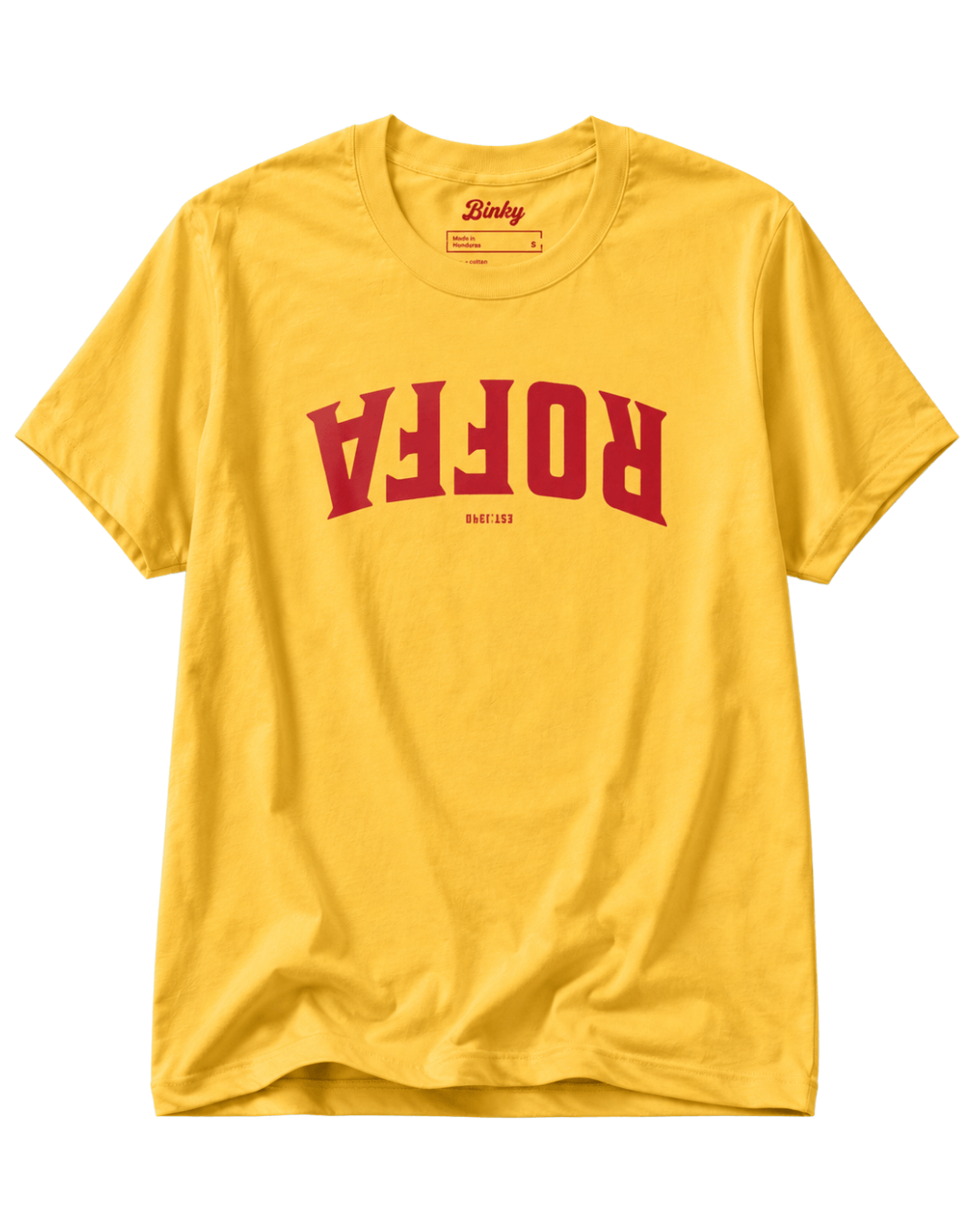 Roffa Est. 1340 T-shirt | Harbour Hardline in yellow with bold red graphic design.