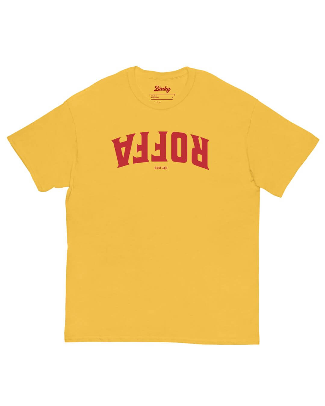 Roffa Est. 1340 T-Shirt in Daisy Yellow with red upside-down Rotterdam varsity graphic