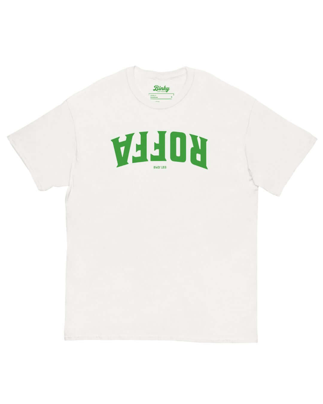 Roffa Est. 1340 T-Shirt in White with green upside-down Rotterdam varsity graphic