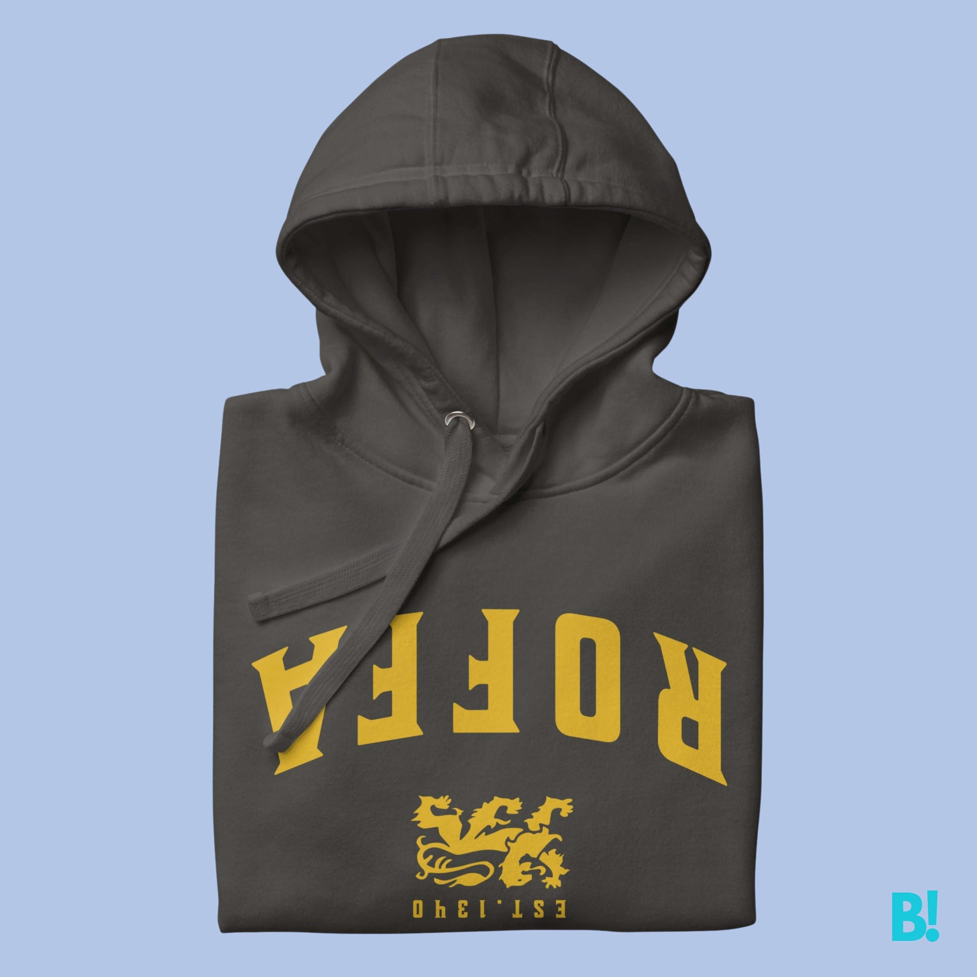 ROFFA EST 1340 Hoodie in dark color with yellow print folded neatly on blue background.