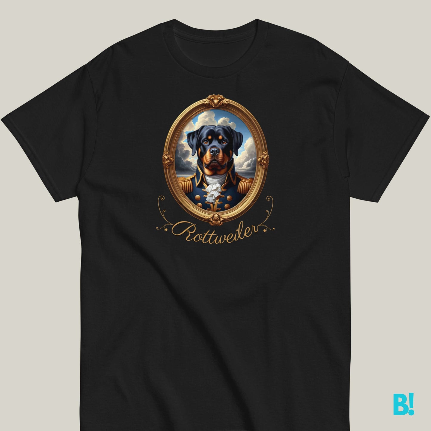 Black t-shirt featuring a majestic Rottweiler in a Napoleon-inspired portrait, 100% cotton, available in 7 colors.