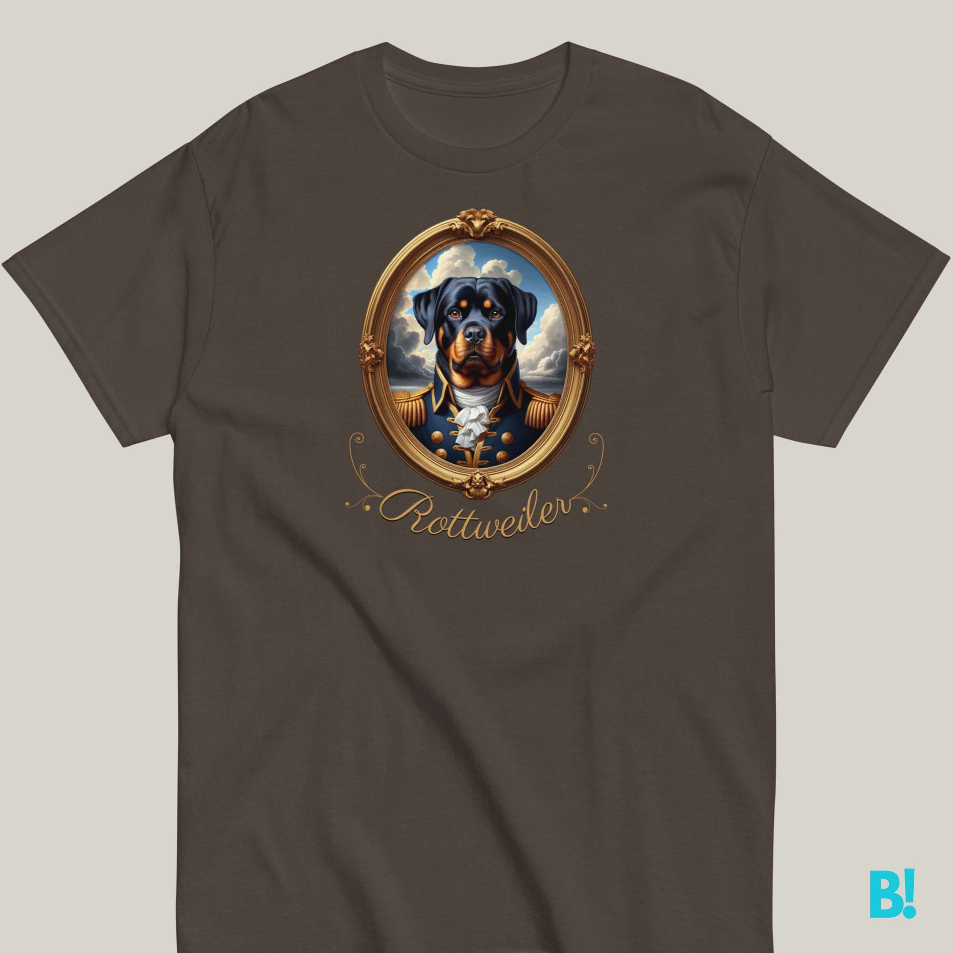 Rottweiler dog in regal Napoleon-themed portrait on 100% cotton t-shirt, available in 7 colors. Check size guide.