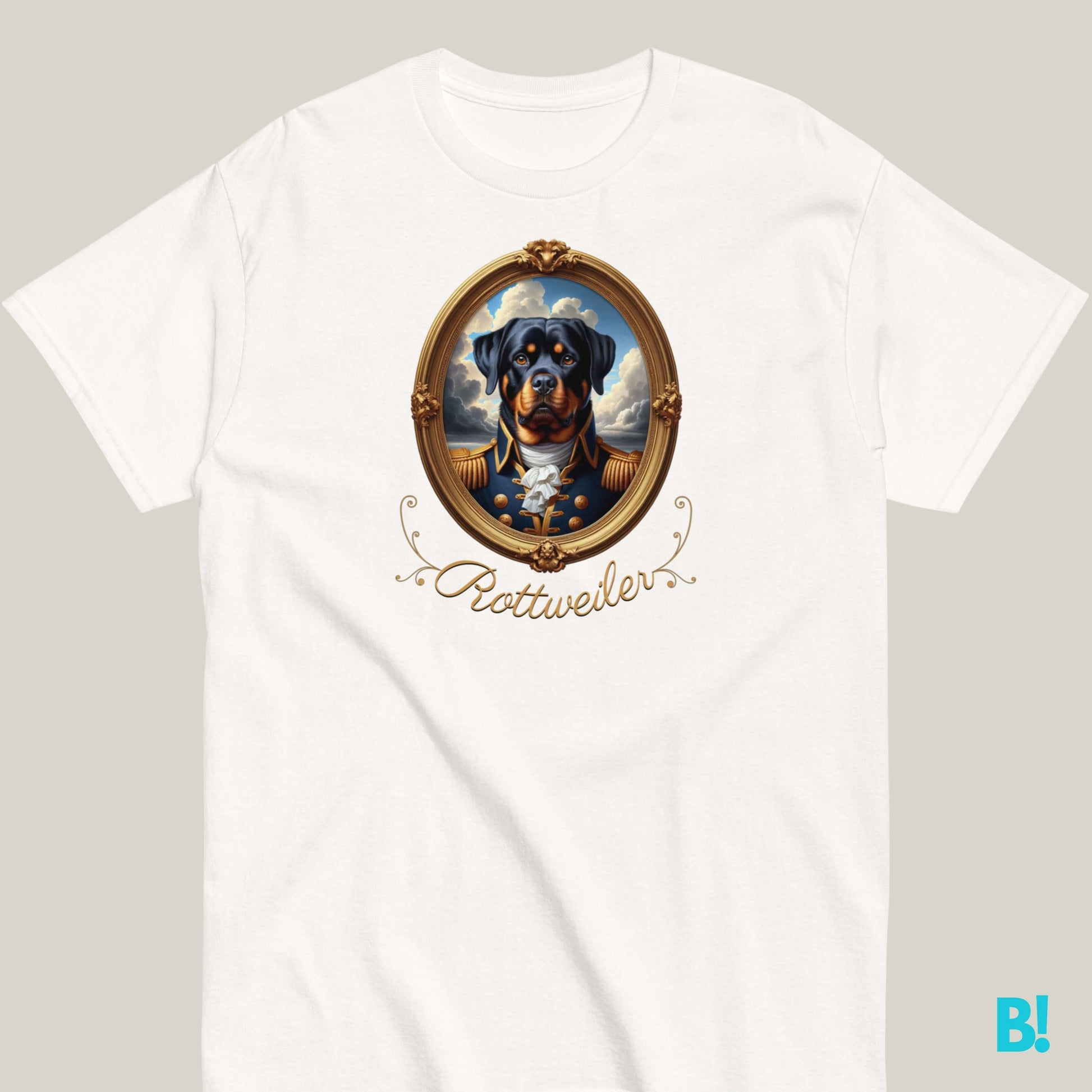 Rottweiler portrait T-shirt in 100% cotton, featuring a Napoleon-inspired regal design; available in 7 colors.