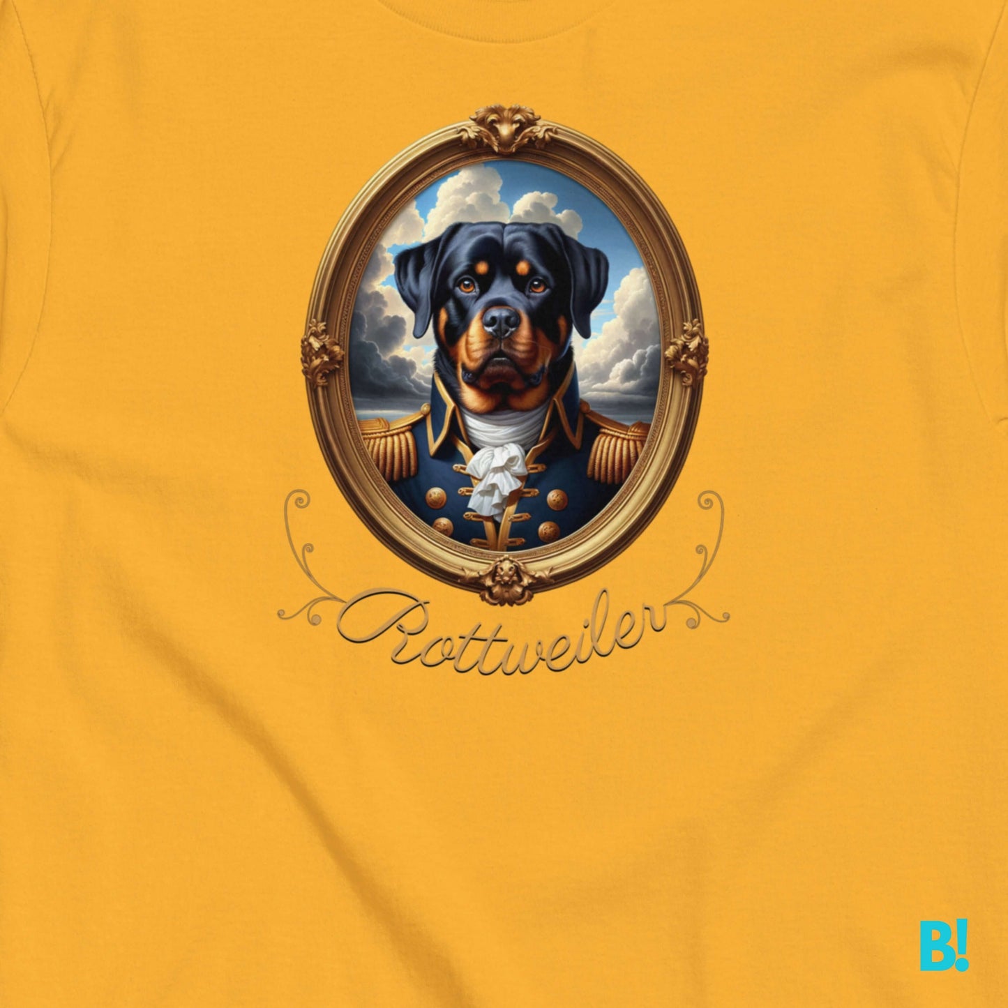 Regal Rottweiler portrait in Napoleon-inspired design on yellow 100% cotton shirt, available in 7 colors.