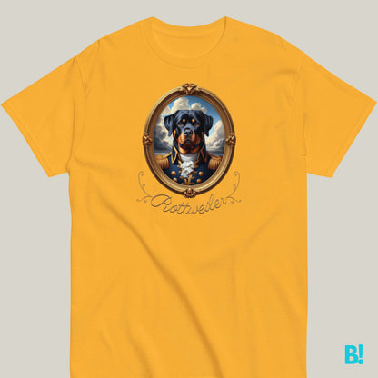 Yellow T-shirt featuring a fierce Rottweiler in a regal Napoleon-inspired portrait, 100% cotton, available in 7 colors.