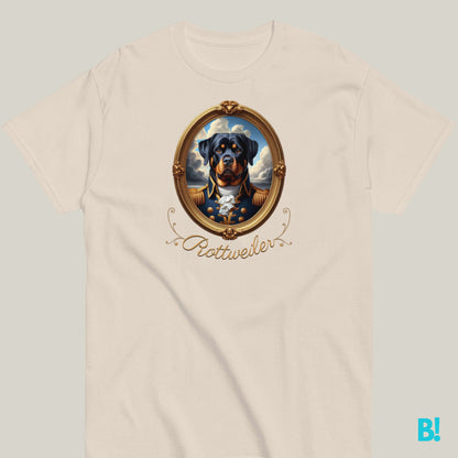 Rottweiler portrait t-shirt featuring regal Napoleon-inspired design in 100% cotton, available in 7 colors.